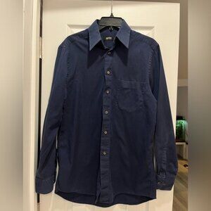 Hugo Boss Men Navy Button Up Shirt Slim Fit Cotton Dress Shirt Size  37